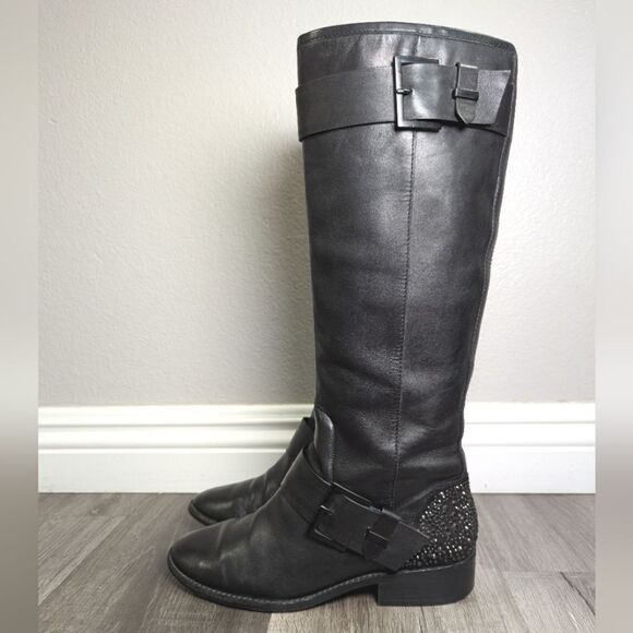 Brian Atwood Diva Black leather crystal embellished knee high riding boots 6.5 - Picture 4 of 10